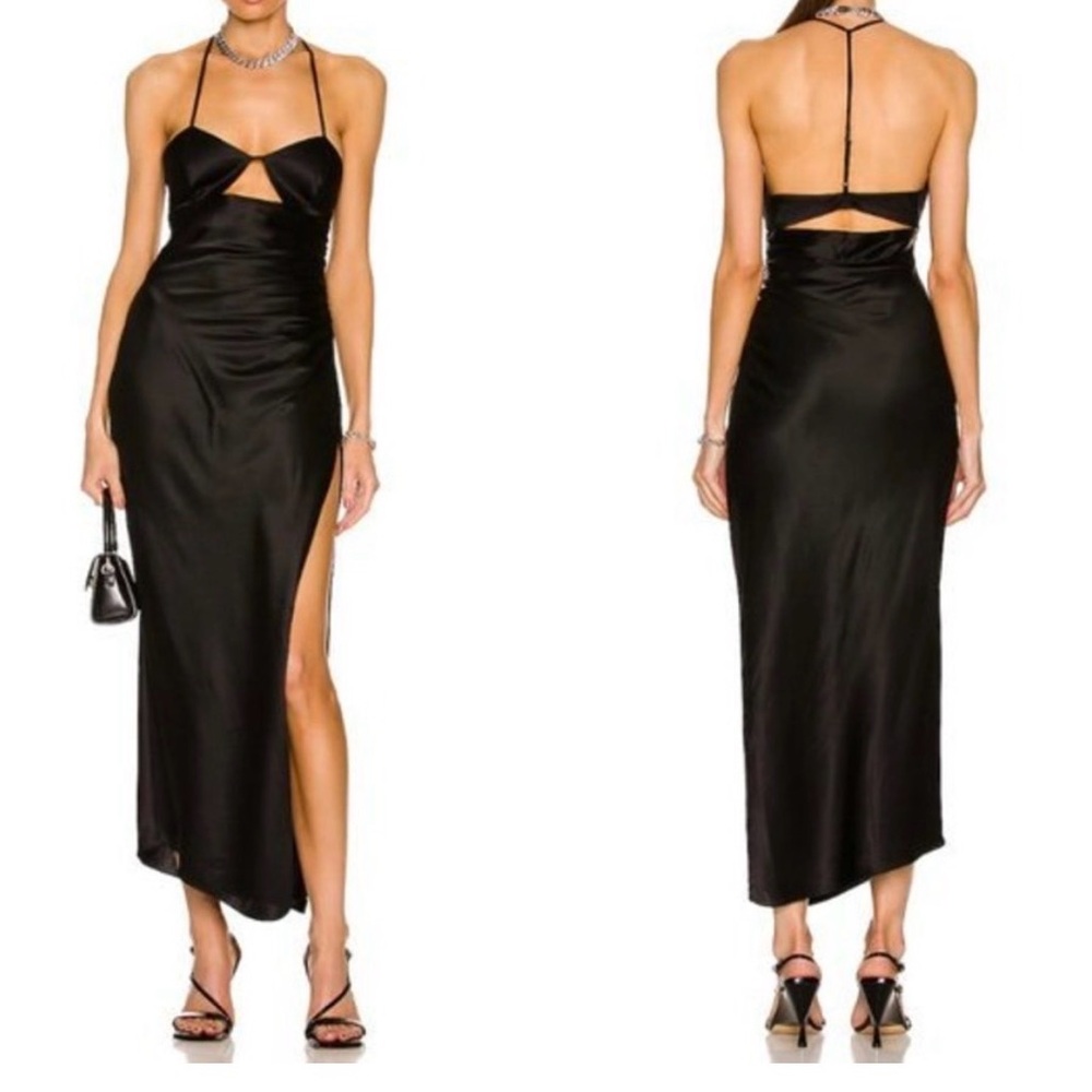 Black Satin Midi Dress with Cutout and Side Slit